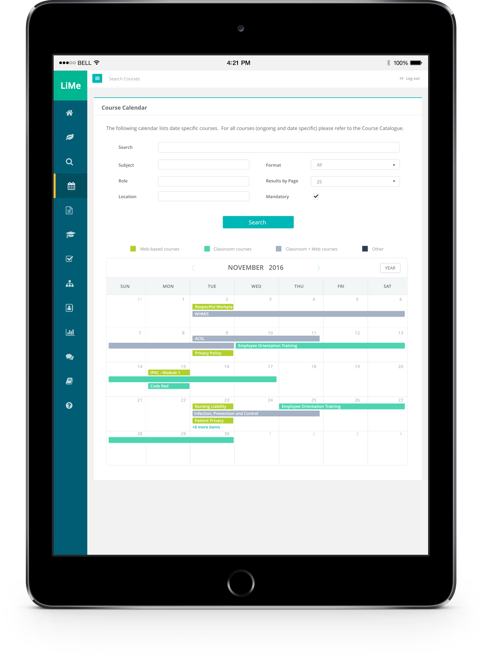 Course Calendar page on an iPad